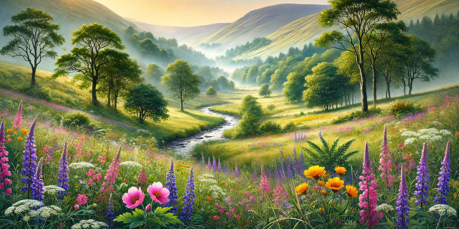 A beautiful valley with flowers and trees