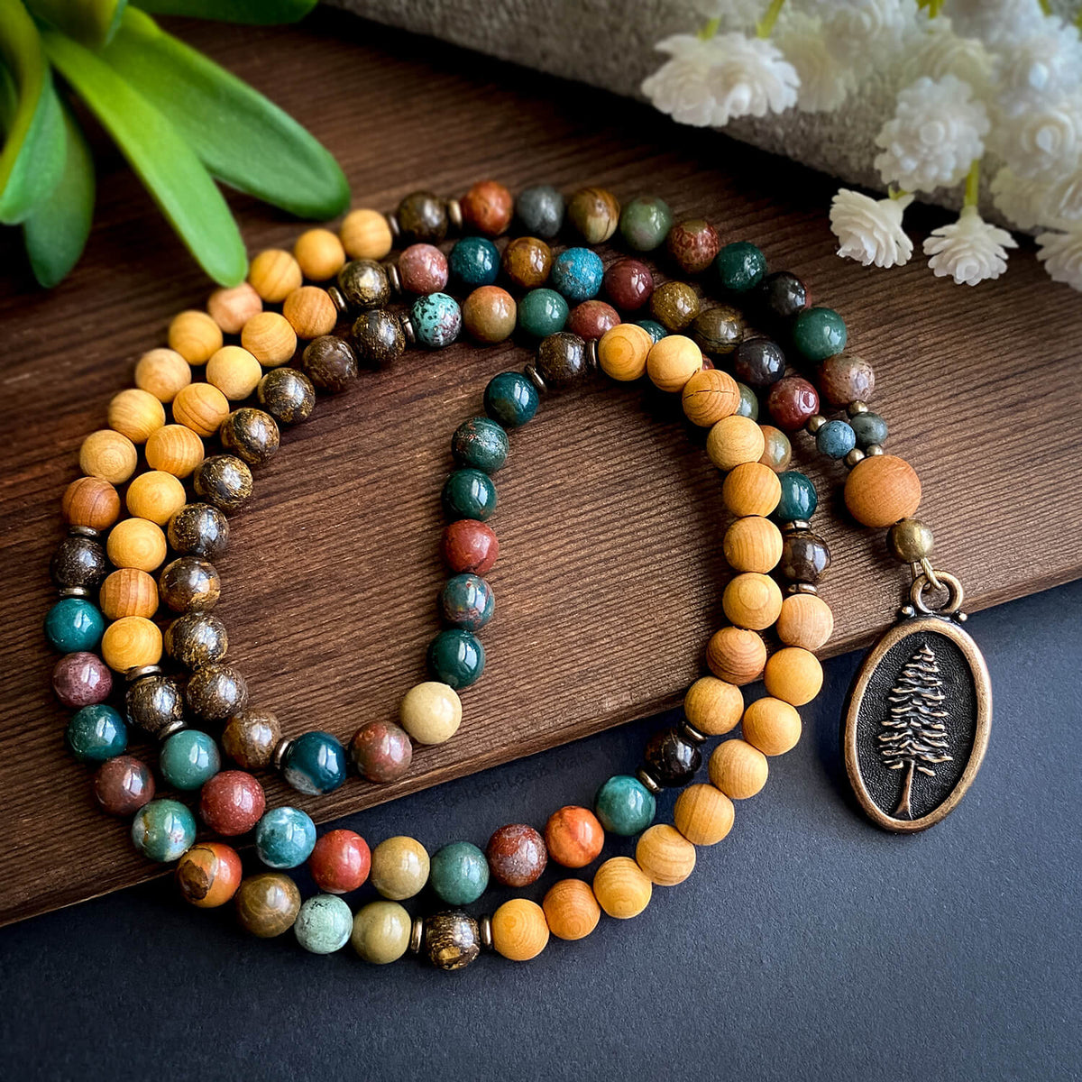 Beige Fossil n' Red Jasper Mala, Gold Hematite and Handmade Tassel, popular Healing Beads Necklace, Gift for Meditation