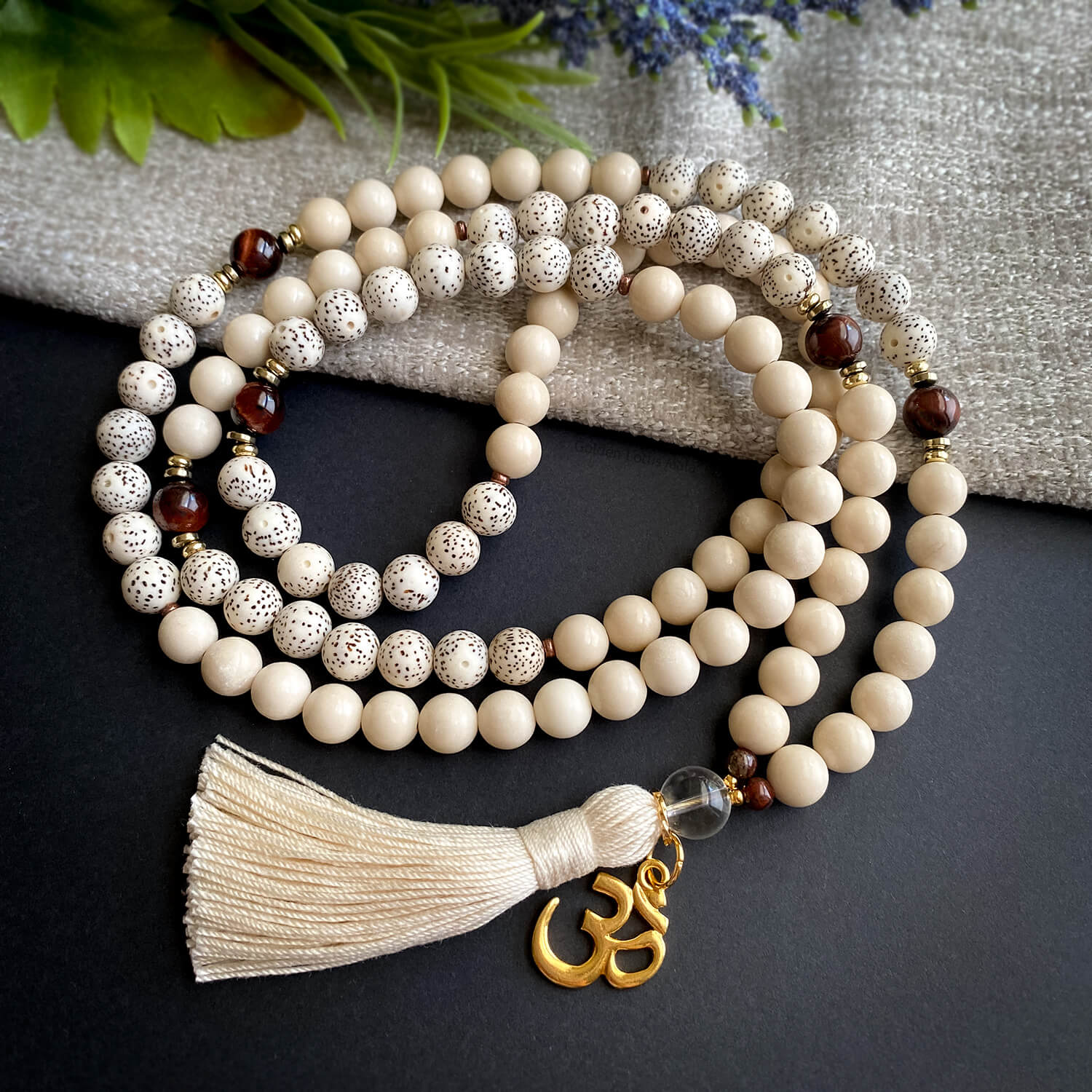Om Shanti Mala Prayer Beads - Golden Lotus Mala