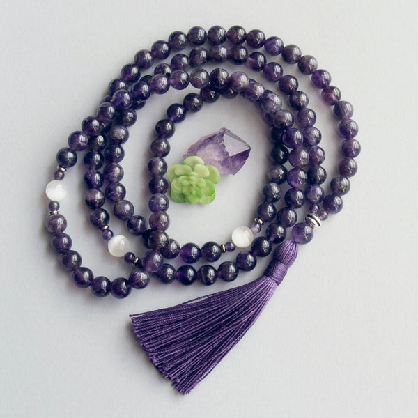 Amethyst handmade prayer store chain, Esha Mala, for inner peace, Me-Time gift