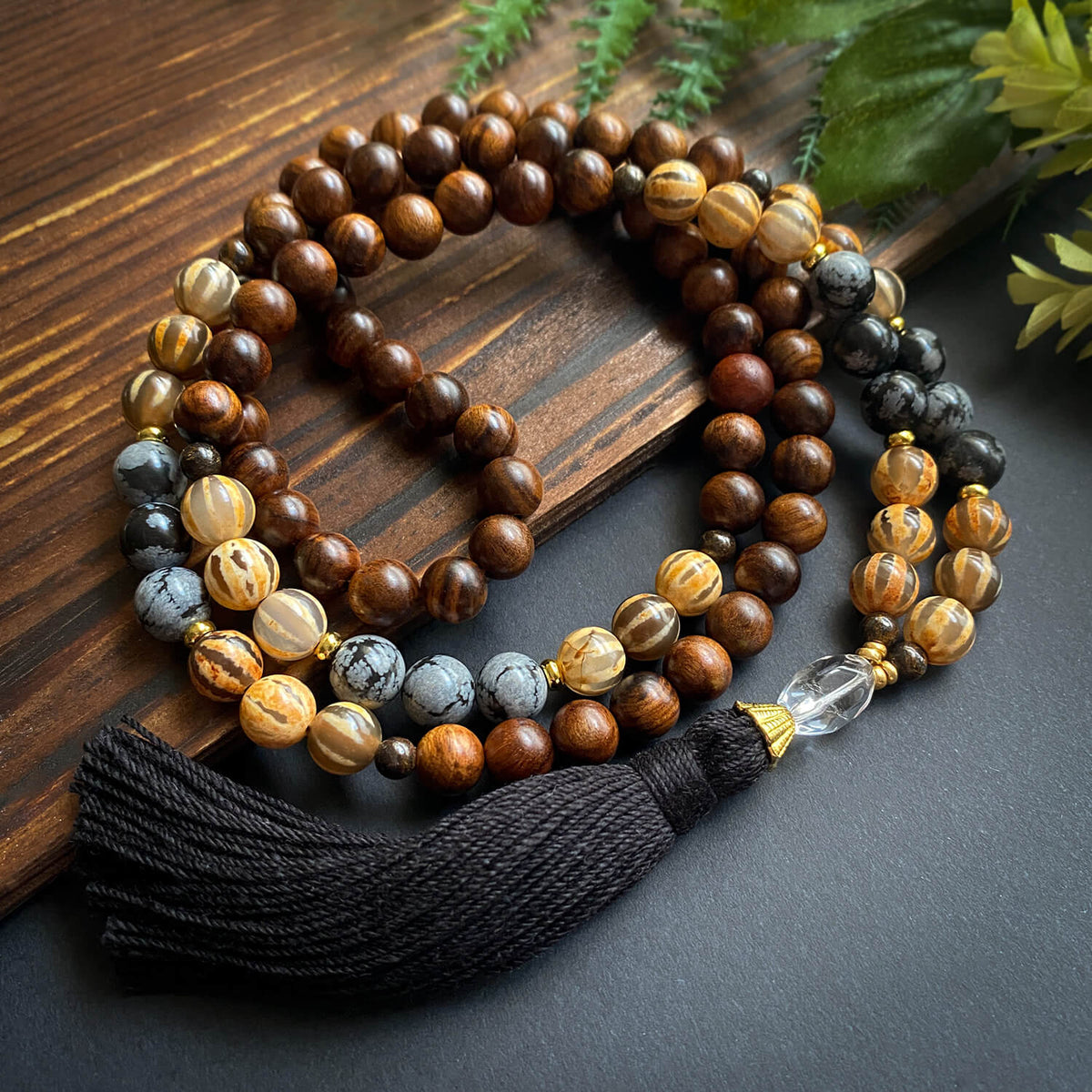 Scorpio Mala Necklace - Agate &amp; Obsidian with Natural Wood