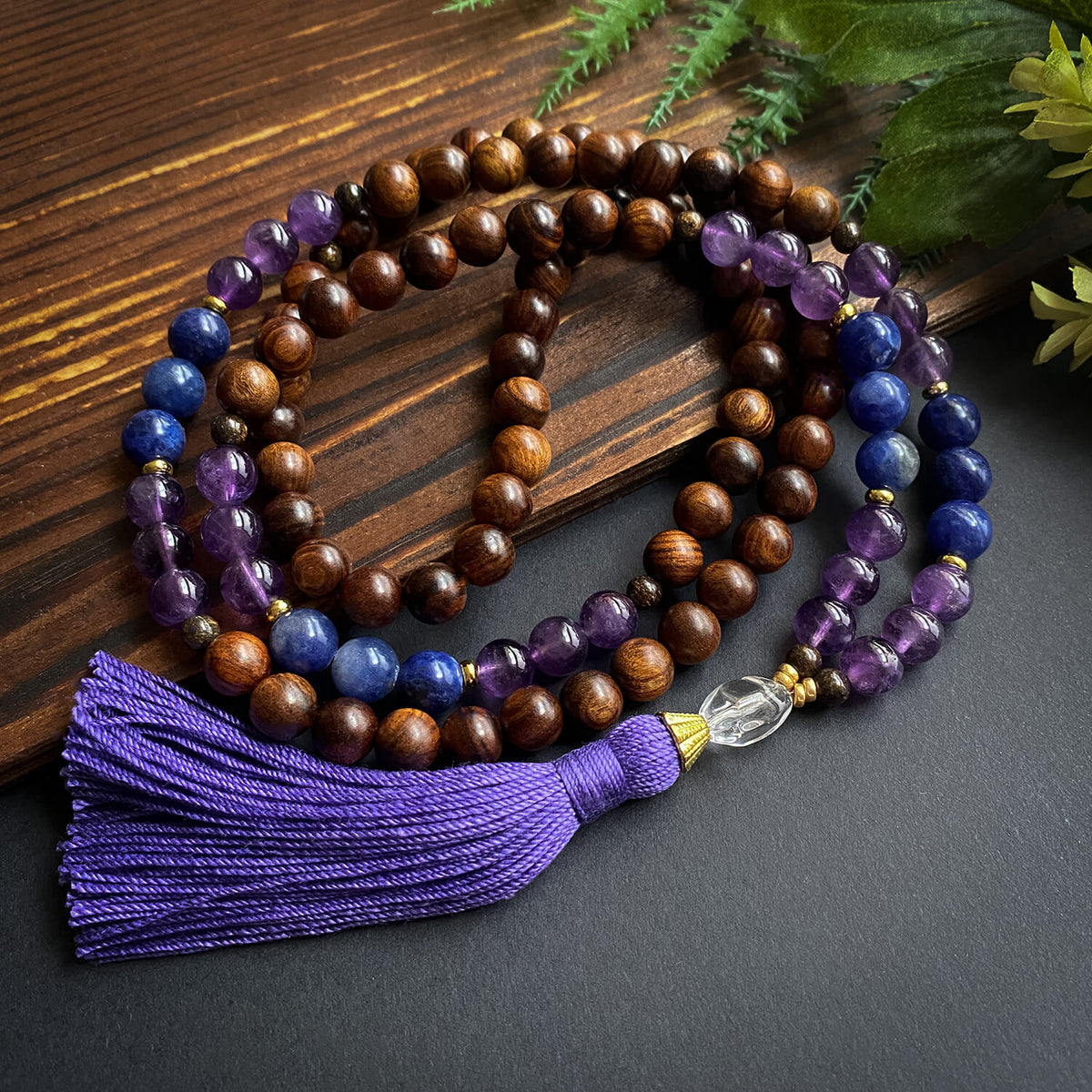 Amethyst and Sodalite Mala with Natural Wood - Golden Lotus Mala