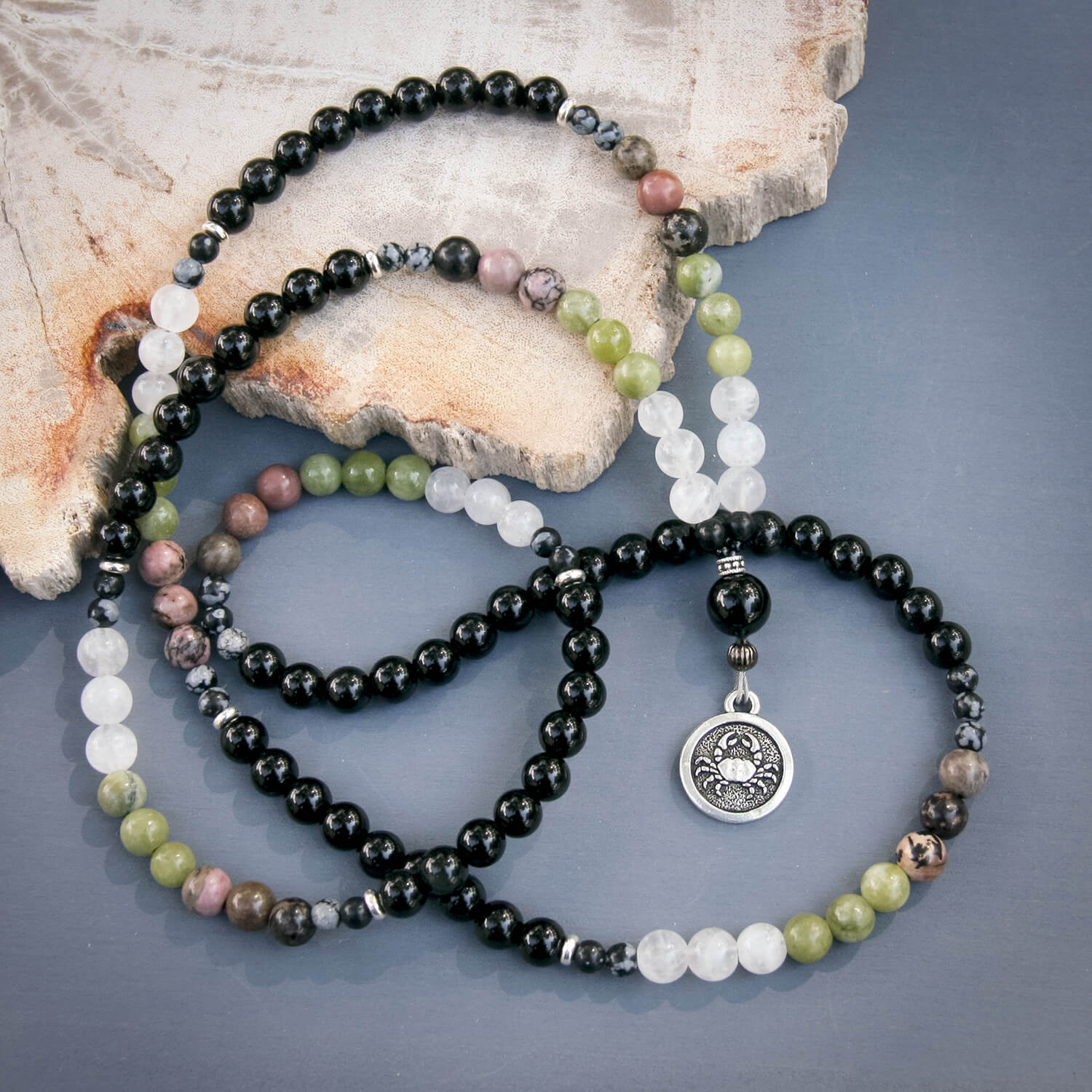 Cancer Mala - Rhodonite, Serpentine, Moonstone