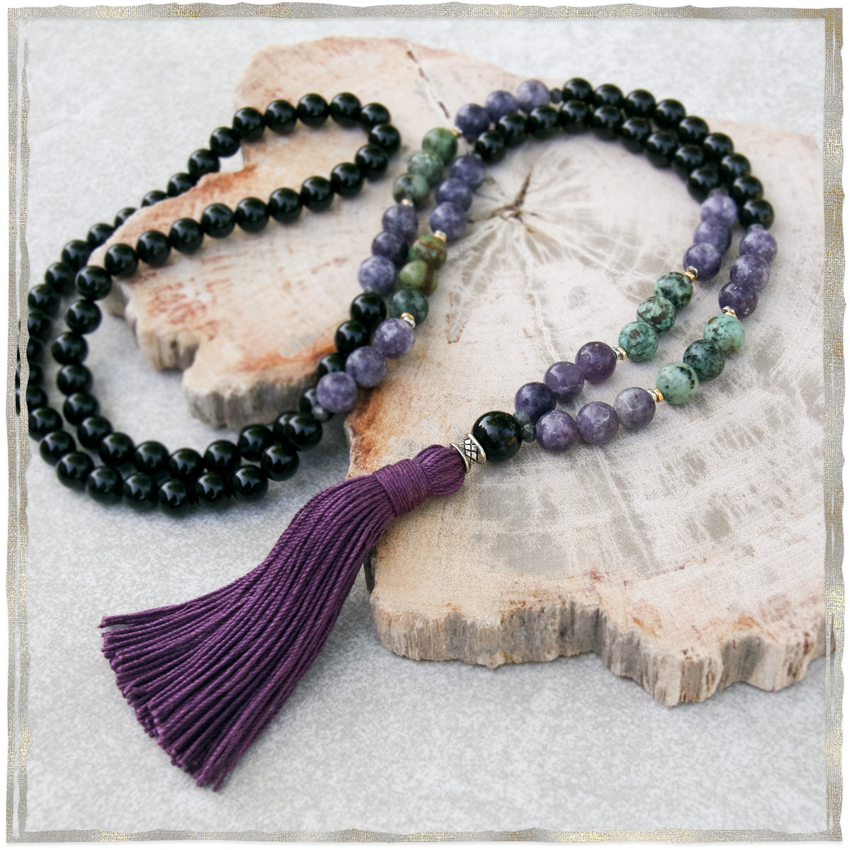 Born With Wings Mala-hand knotted mala with violet Lepidolite outlets beads and handmade sterling silver pendant